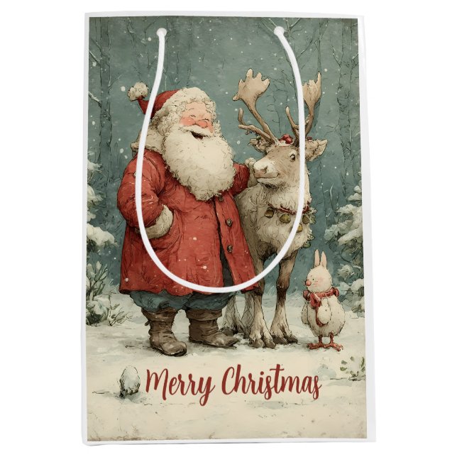 Merry Christmas Vintage Santa & Reindeer Medium Gift Bag (Front)
