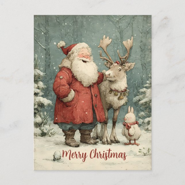 Merry Christmas Vintage Santa & Reindeer Postcard (Front)