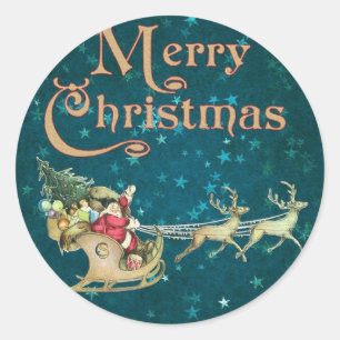 Merry Christmas Vintage Santa/Sleigh  Classic Round Sticker
