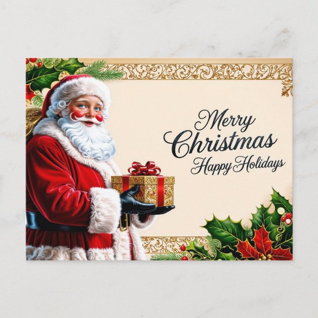 Merry Christmas Vintage Santa with Gifts Holiday Postcard (Front)