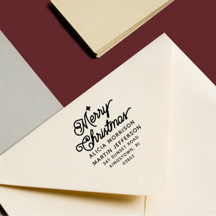 Merry Christmas Vintage Script 2 Names Address Self-inking Stamp