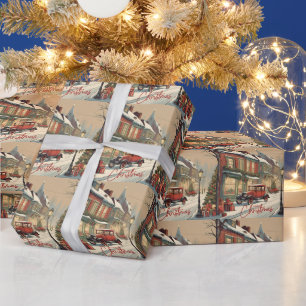 Merry Christmas Vintage Town Illustration Wrapping Paper
