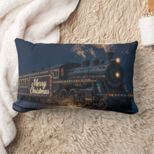 Merry Christmas Vintage Train In Snow Lumbar Cushion