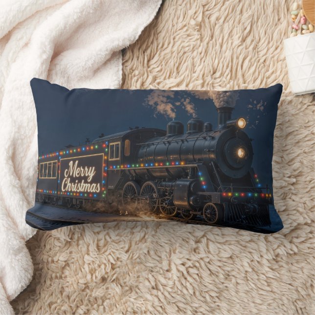 Merry Christmas Vintage Train In Snow Lumbar Cushion (Blanket)