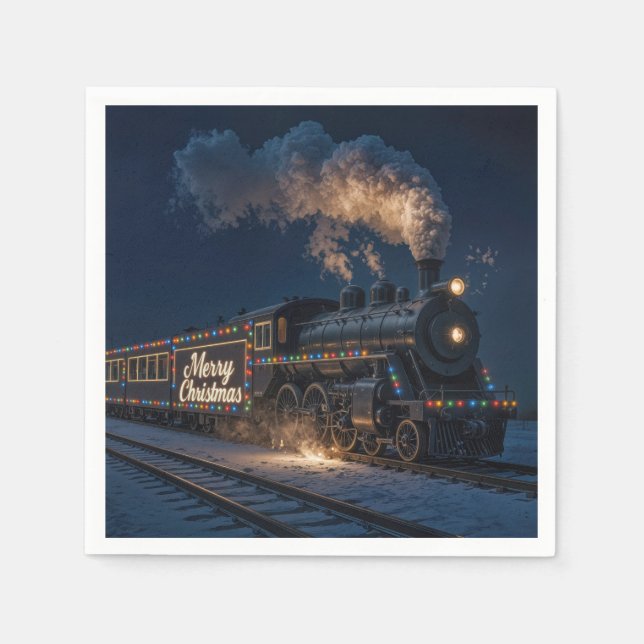 Merry Christmas Vintage Train In Snow Napkin (Front)