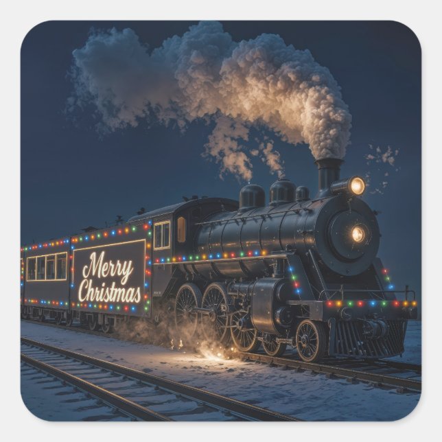 Merry Christmas Vintage Train In Snow Square Sticker (Front)