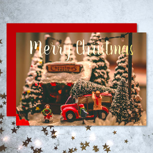 Merry Christmas Vintage Tree Shop Red Truck Foil Holiday Card