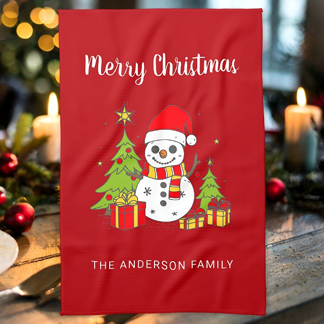 Merry Christmas Vintage Tree Snowman Personalised Tea Towel (Creator Uploaded)