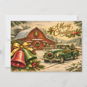 Merry Christmas Vintage Truck, Barn and Bells Holiday Card