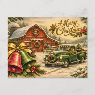 Merry Christmas Vintage Truck, Barn and Bells Holiday Postcard