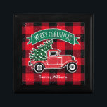 Merry Christmas Vintage Truck Green Buffalo Plaid Gift Box<br><div class="desc">This holiday gift box features a classic red pickup truck with a fresh Christmas tree in the back with a sprinkling of snow on a rustic red and black buffalo check plaid. Above the truck is a green banner which reads "Merry Christmas". Below is a name for you to personalise....</div>