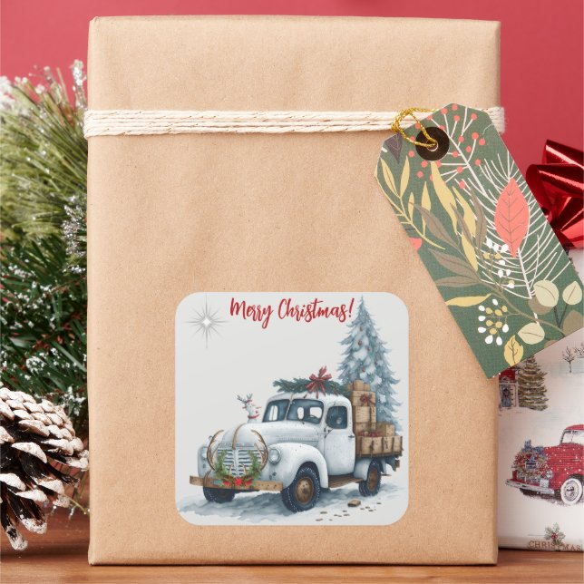 Merry Christmas Vintage Truck Holiday Sticker (Holiday)