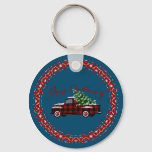 Merry Christmas Vintage Truck Pine Tree Key Ring