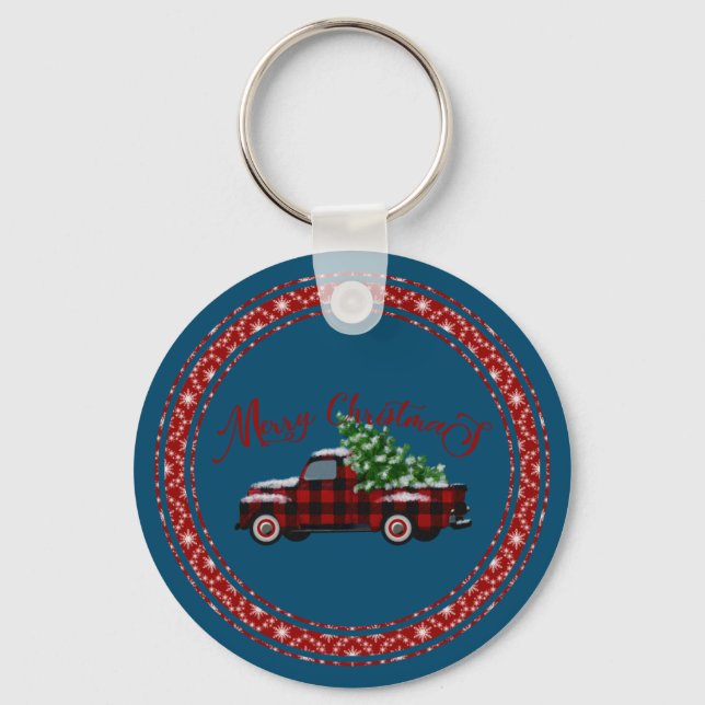 Merry Christmas Vintage Truck Pine Tree Key Ring (Front)