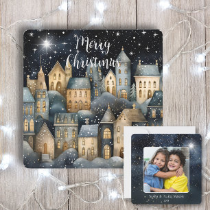 Merry Christmas Vintage Village Family Photo Name  Card