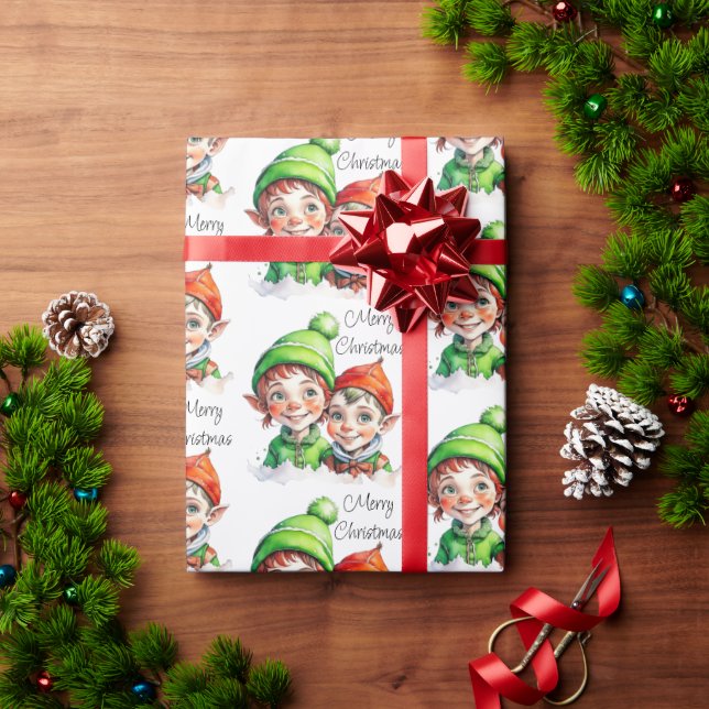 Merry Christmas Vintage Watercolor Elves Wrapping Paper (Holiday Gift)