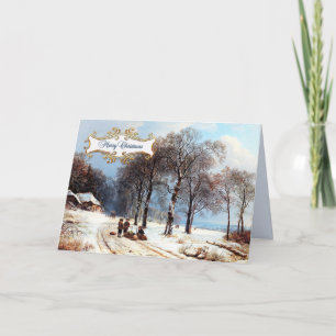 Merry Christmas. Vintage Winter Scene Painting Holiday Card