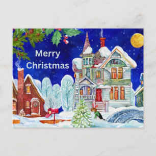 Merry Christmas Vintage Winter Town Illustration Holiday Postcard