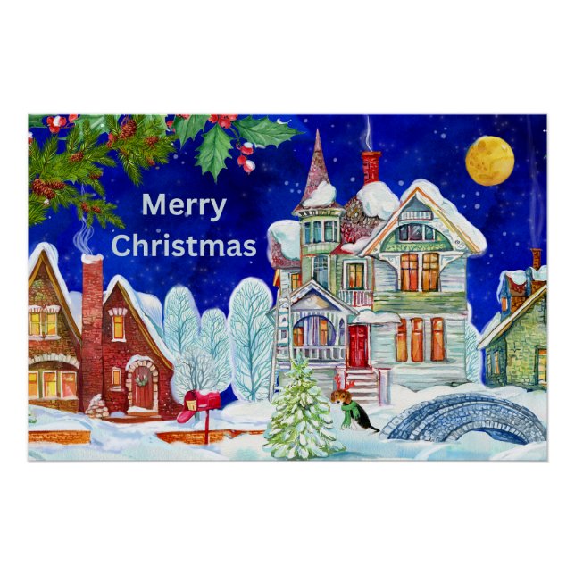 Merry Christmas Vintage Winter Town Illustration  Poster (Front)