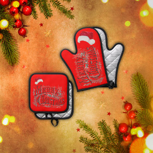 Merry Christmas - Vintage, with Santa Hat   Oven Mitt & Pot Holder Set
