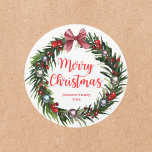 merry christmas vintage wreath ornaments red chic  classic round sticker<br><div class="desc">background deco by freepik.com
merry christmas watercolor vintage wreath with colourful metallic ornaments and red calligraphy message,  Classic Round Sticker</div>