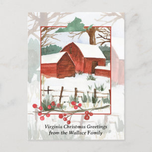 Merry Christmas Virginia Farm Red Barn Personalise Holiday Postcard