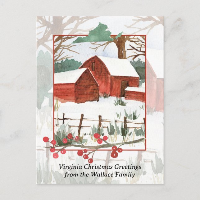 Merry Christmas Virginia Farm Red Barn Personalise Holiday Postcard (Front)