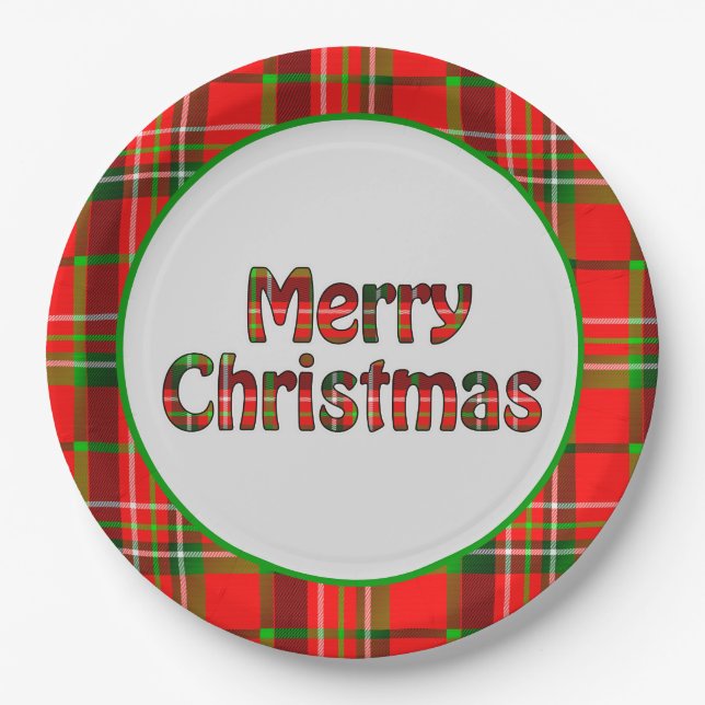 Merry Christmas Vivid Red Green  Tartan Typography Paper Plate (Front)