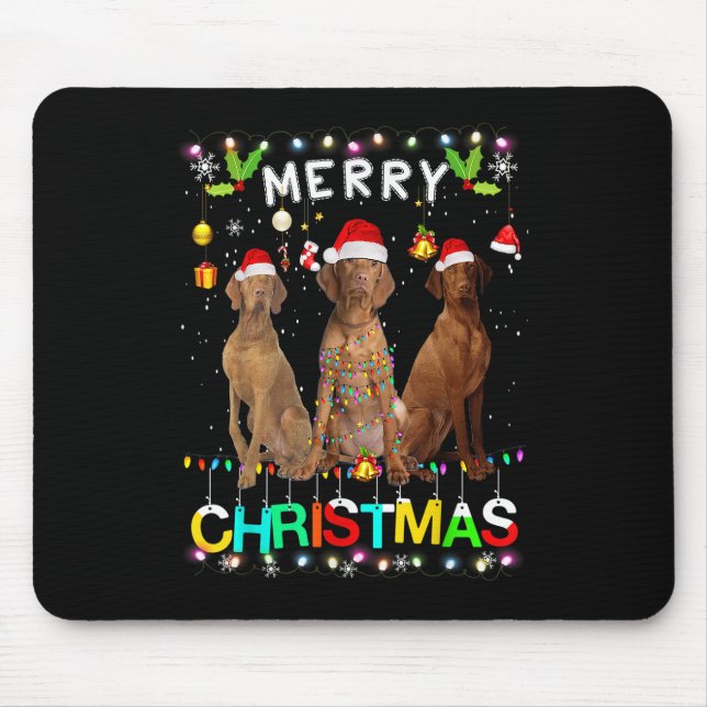 Merry Christmas Vizsla Shirt Santa Hat Lights Xmas Mouse Mat (Front)