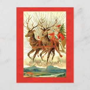 Merry Christmas w/ Santa and Reindeer Holiday Postcard