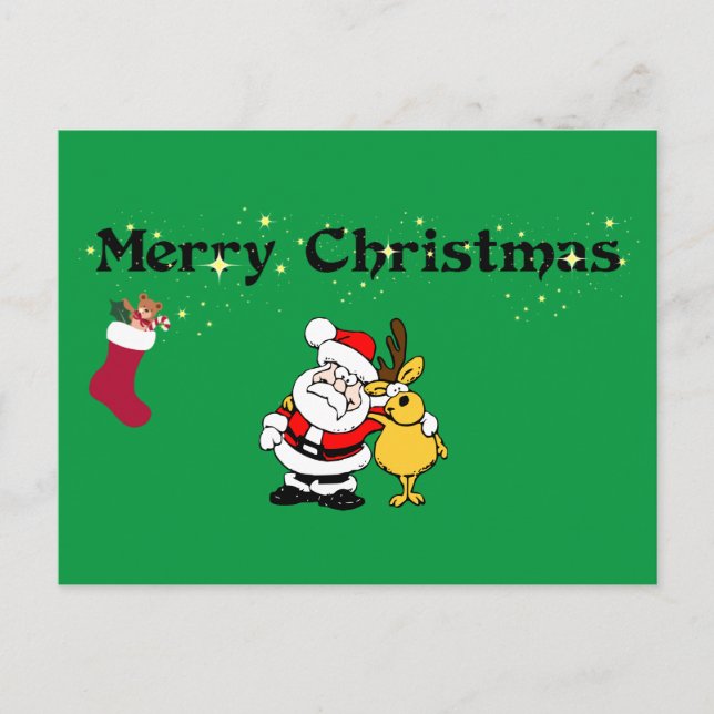 Merry Christmas! w/ Santa and Reindeer Postcard (Front)