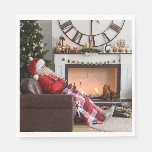 Merry Christmas Warm and Cosy Fireplace Santa Napkin (Front)
