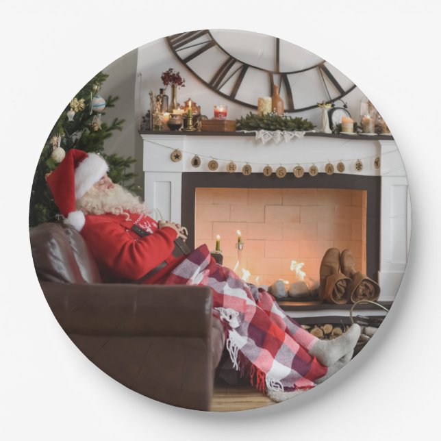 Merry Christmas Warm and Cosy Fireplace Santa Paper Plate (Front)