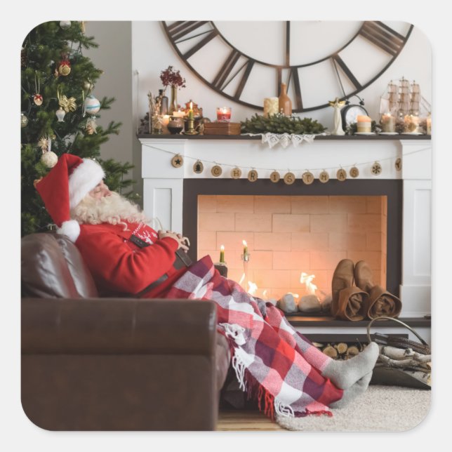 Merry Christmas Warm and Cosy Fireplace Santa Square Sticker (Front)