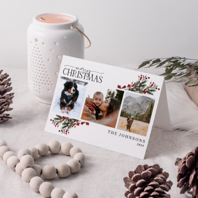 Merry Christmas Warm Red Winter Botanical Photo Ho Holiday Card (Get into the holiday spirit with a heartfelt folded christmas card! 🎅)