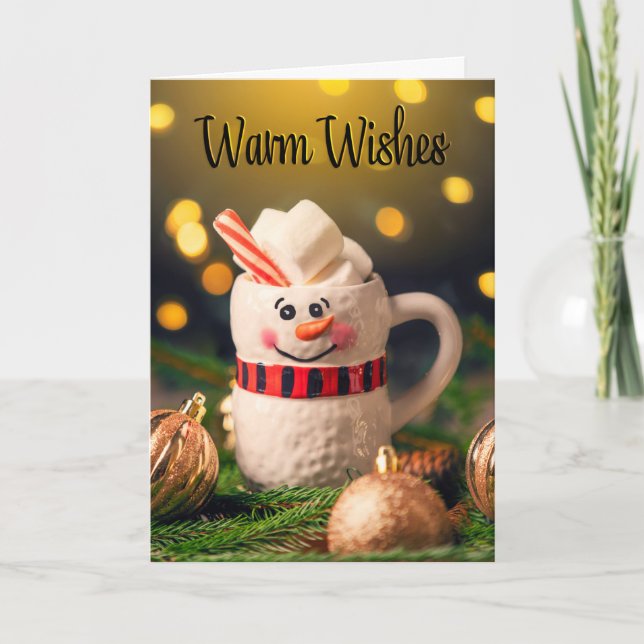 Merry Christmas Warm Wishes Snowman Mug Holiday Card (Front)