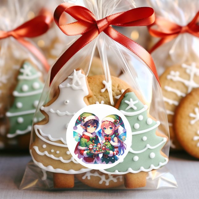 Merry Christmas Watercolor Anime Elves Holiday Classic Round Sticker (Creator Uploaded)