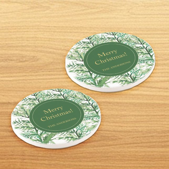 Merry Christmas Watercolor Art Tree personalised Coaster (Creator Uploaded)
