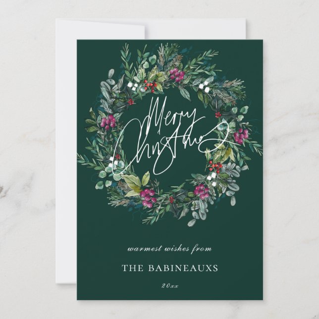 Merry Christmas Watercolor Berry Wreath Holiday Card (Front)