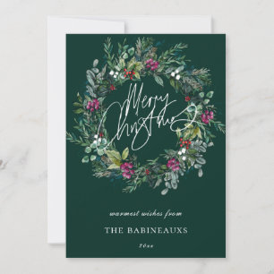 Merry Christmas Watercolor Berry Wreath Holiday Card