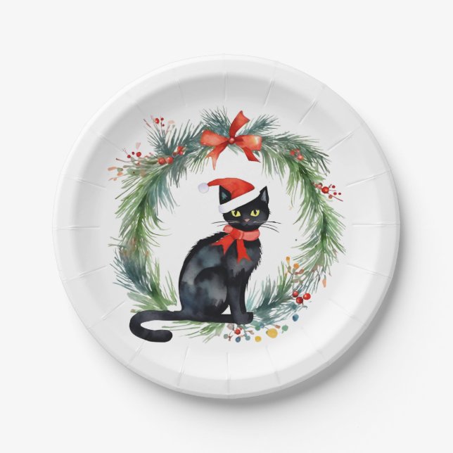 Merry Christmas Watercolor Black Cat and Wreath  Paper Plate (Front)