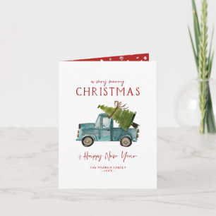 Merry Christmas   Watercolor Blue Truck Holiday Card