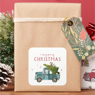 Merry Christmas Watercolor Blue Truck Holiday Square Sticker
