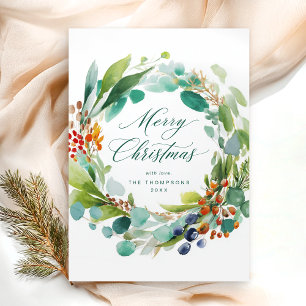 Merry Christmas Watercolor Botanical Holiday Card