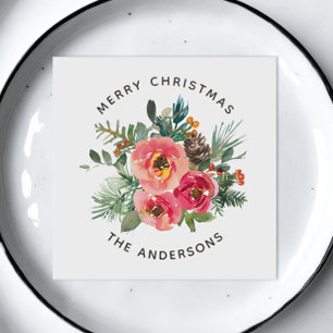 Merry Christmas Watercolor Botanical Holiday Napkin