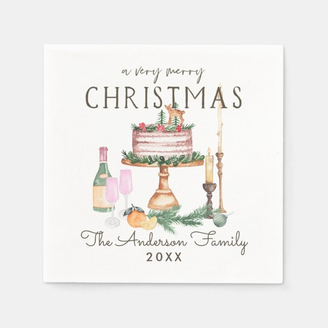 Merry Christmas | Watercolor Cake & Champagne Napkin (Front)