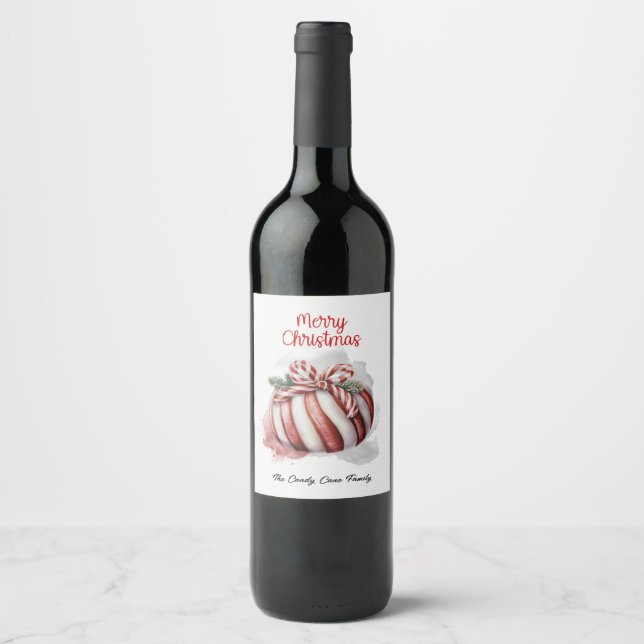 Merry Christmas Watercolor Candy Cane Candy Wine Label (Front)