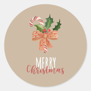 Merry Christmas Watercolor Candy Cane Classic Round Sticker