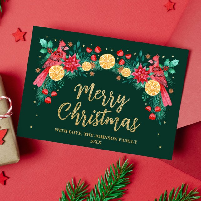 Merry Christmas Watercolor Cardinal Birds Green Foil Holiday Card (Watercolor Cardinal Birds and Christmas Botanicals Foil Holiday Card)