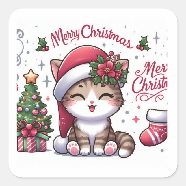Merry Christmas Watercolor Cat Square Sticker (Front)